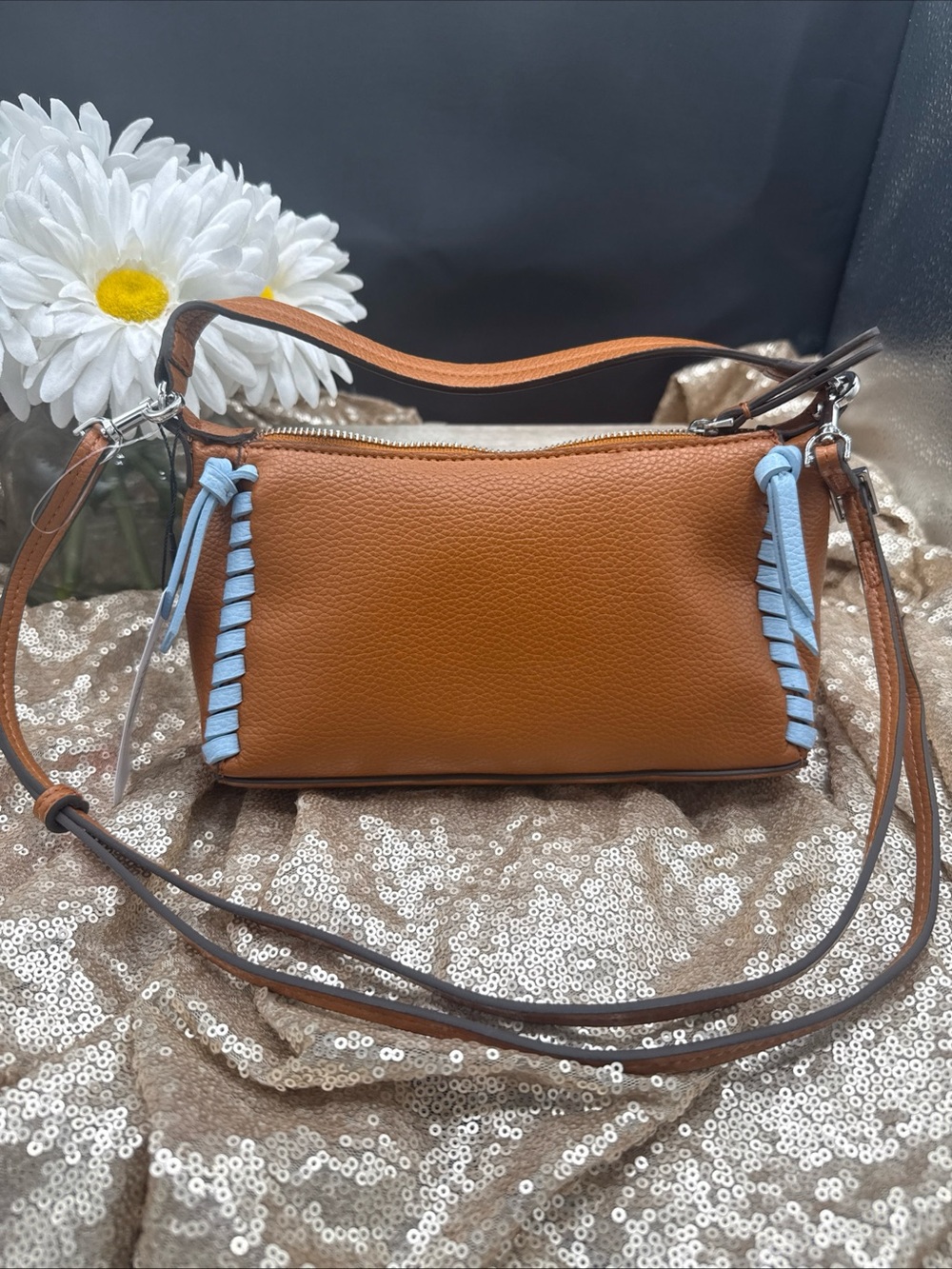 New Vera Bradley Mini Slouchy Crossbody Faux Leather Pecan&Cerulean Blue 2 Strap